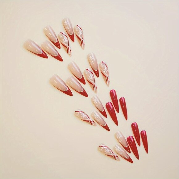 24pcs Christmas Press On Nails Set Long Almond Shape, Red & White with Snowflake - Picture 3 of 8